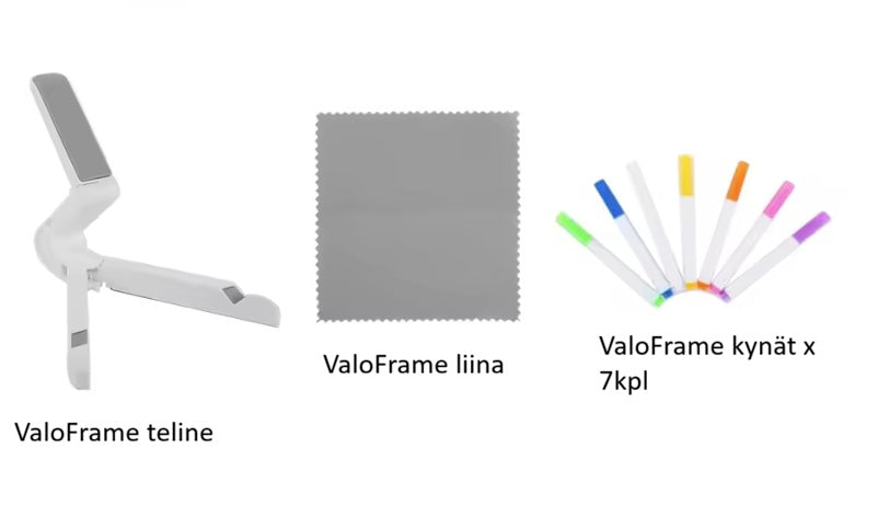 Mukaan saat ValoFrame telineen, mikrokuituliinan sekä 7 kappaletta kyniä