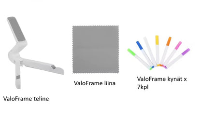 Mukaan saat ValoFrame telineen, mikrokuituliinan sekä 7 kappaletta kyniä